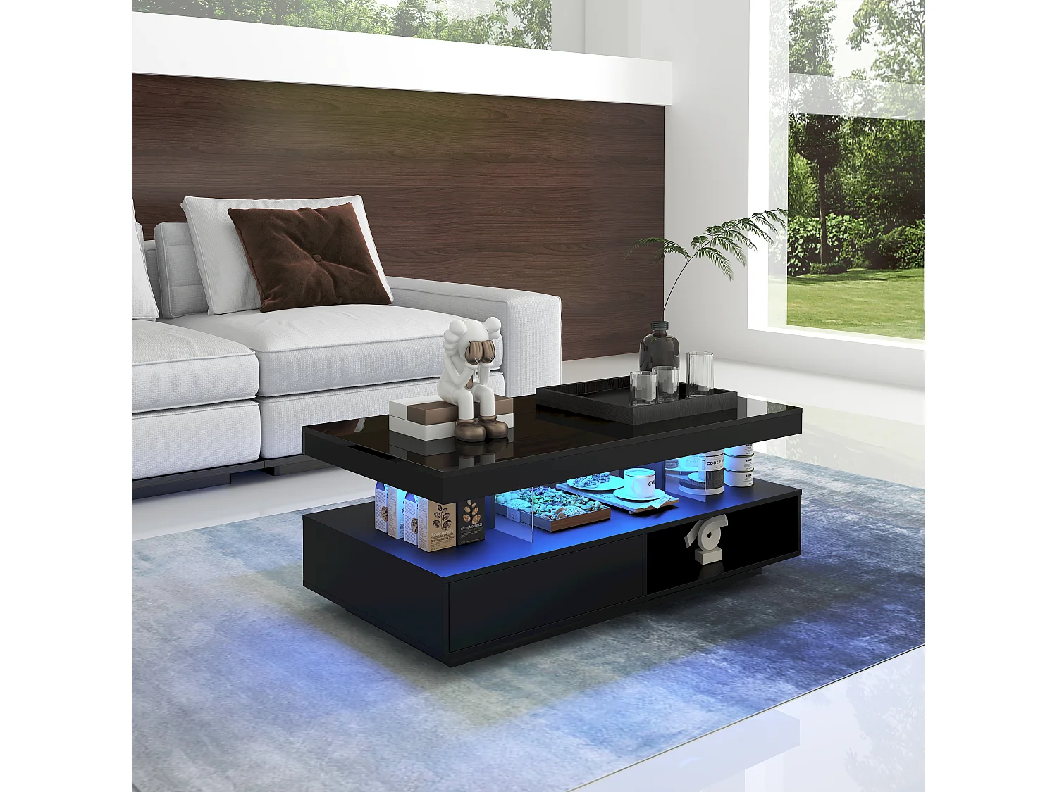 Table basse 95x50x42.5 cm brillant 4 plateaux verre 2 tiroirs 2 étagères noire pour salon