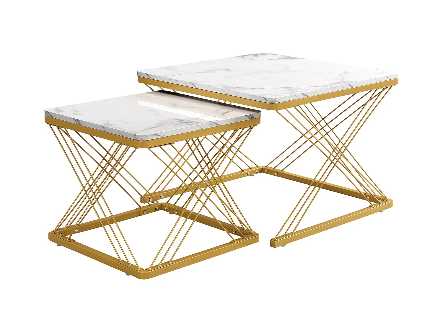 Set van 2 salontafels 60x60x45cm + 45x45x40cm glanzend marmereffect verstelbare poten Goud + Wit