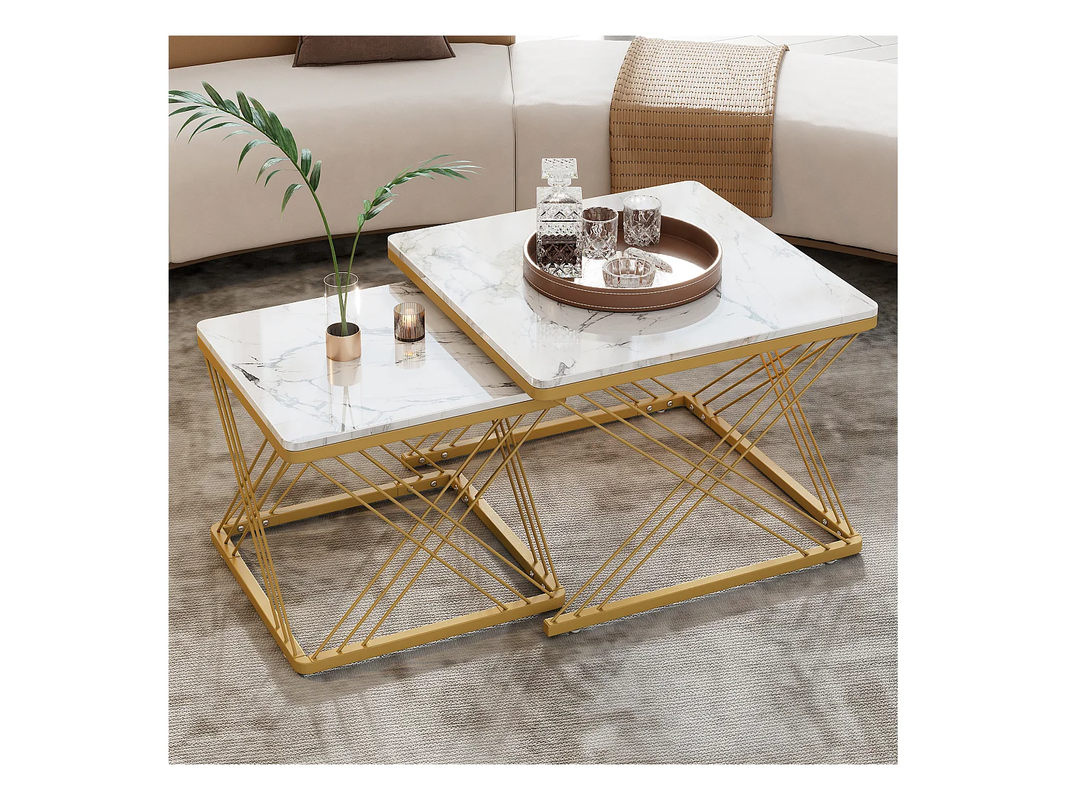 Set van 2 salontafels 60x60x45cm + 45x45x40cm glanzend marmereffect verstelbare poten Goud + Wit