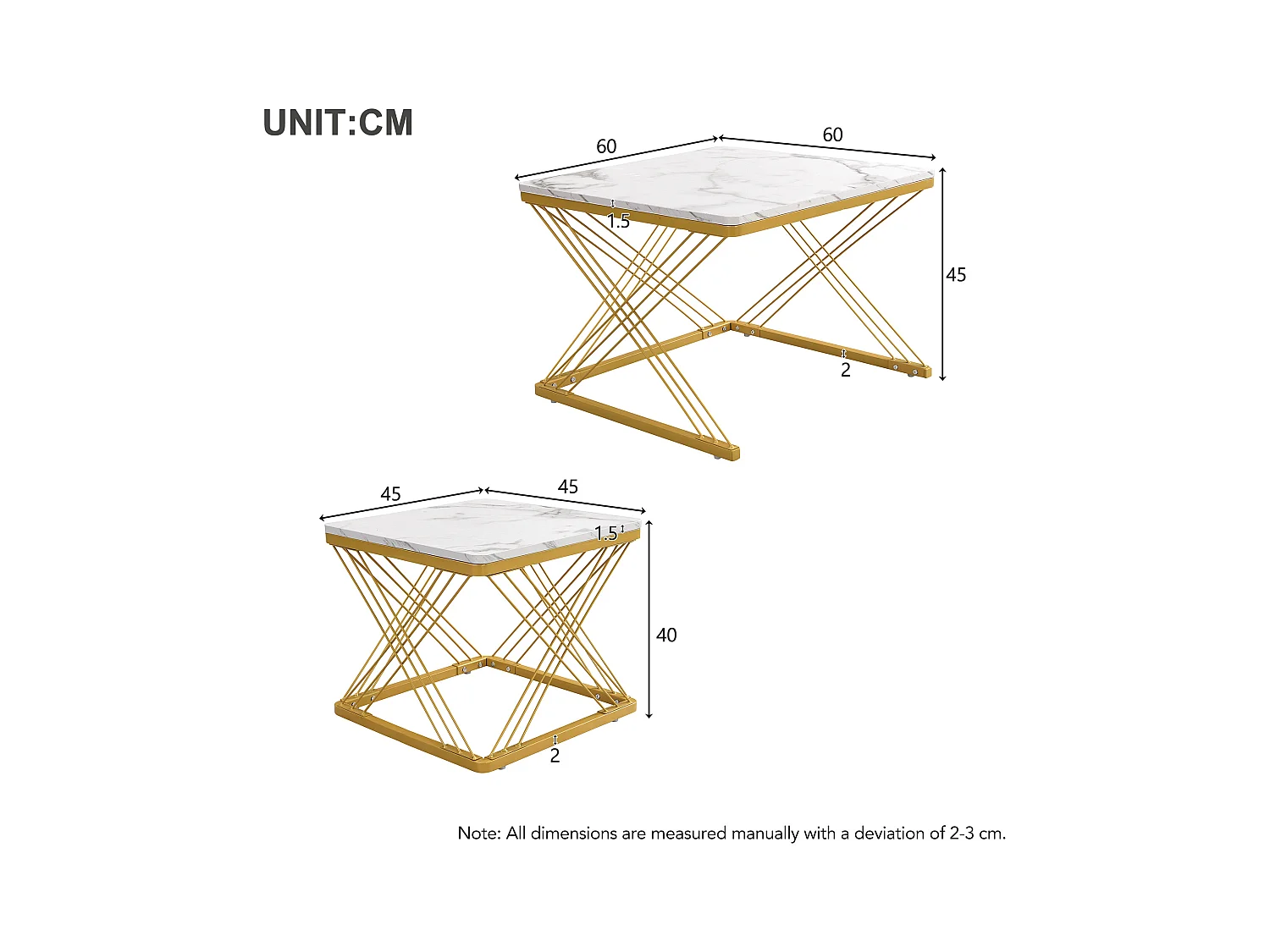 Set van 2 salontafels 60x60x45cm + 45x45x40cm glanzend marmereffect verstelbare poten Goud + Wit