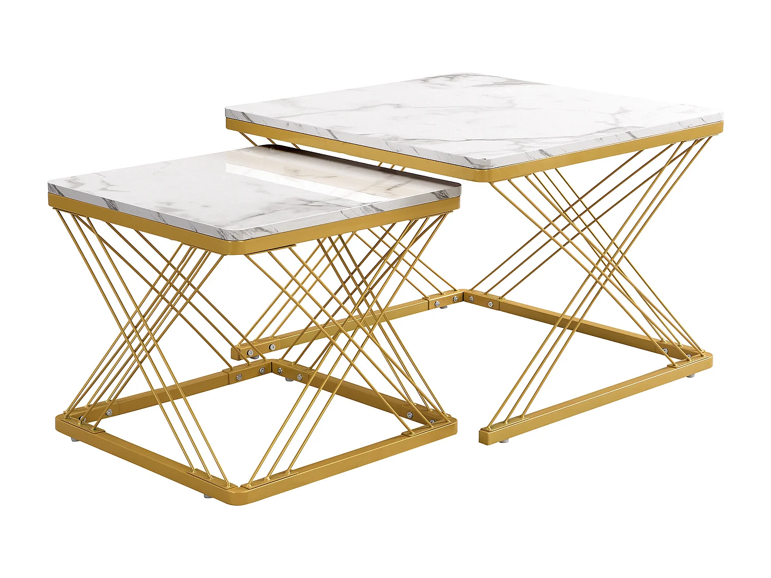 Lot de 2 tables basses 60x60x45cm+45x45x40cm effet marbre brillant pieds réglables Or + Blanc
