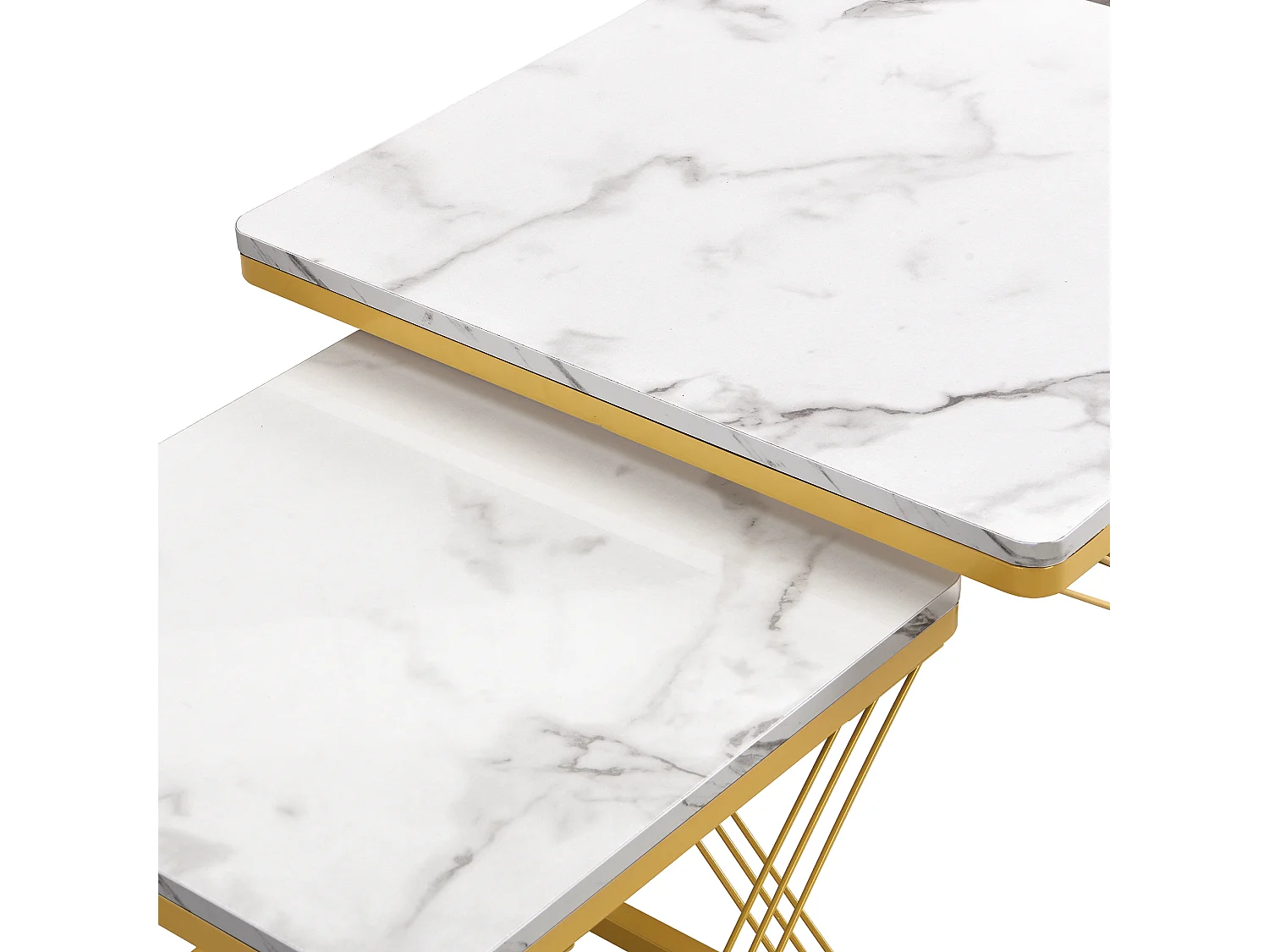 Lot de 2 tables basses 60x60x45cm+45x45x40cm effet marbre brillant pieds réglables Or + Blanc