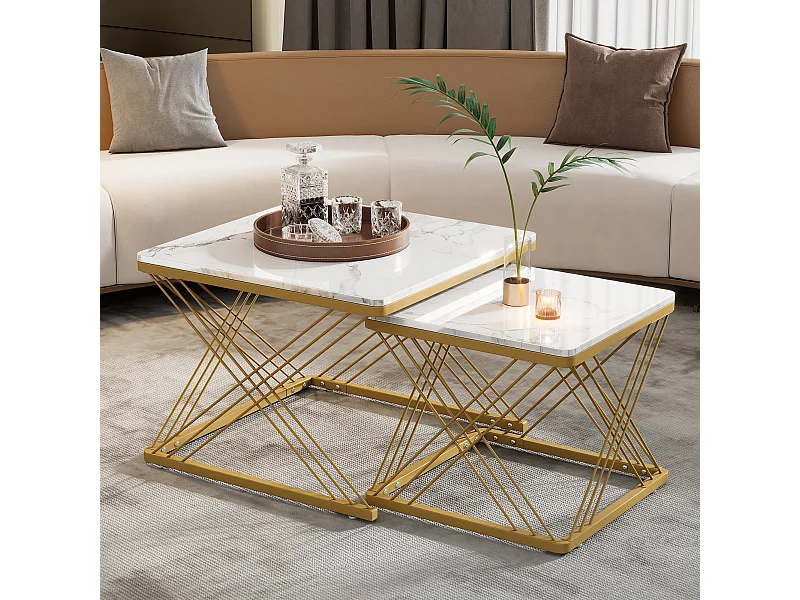 Lot de 2 tables basses 60x60x45cm+45x45x40cm effet marbre brillant pieds réglables Or + Blanc