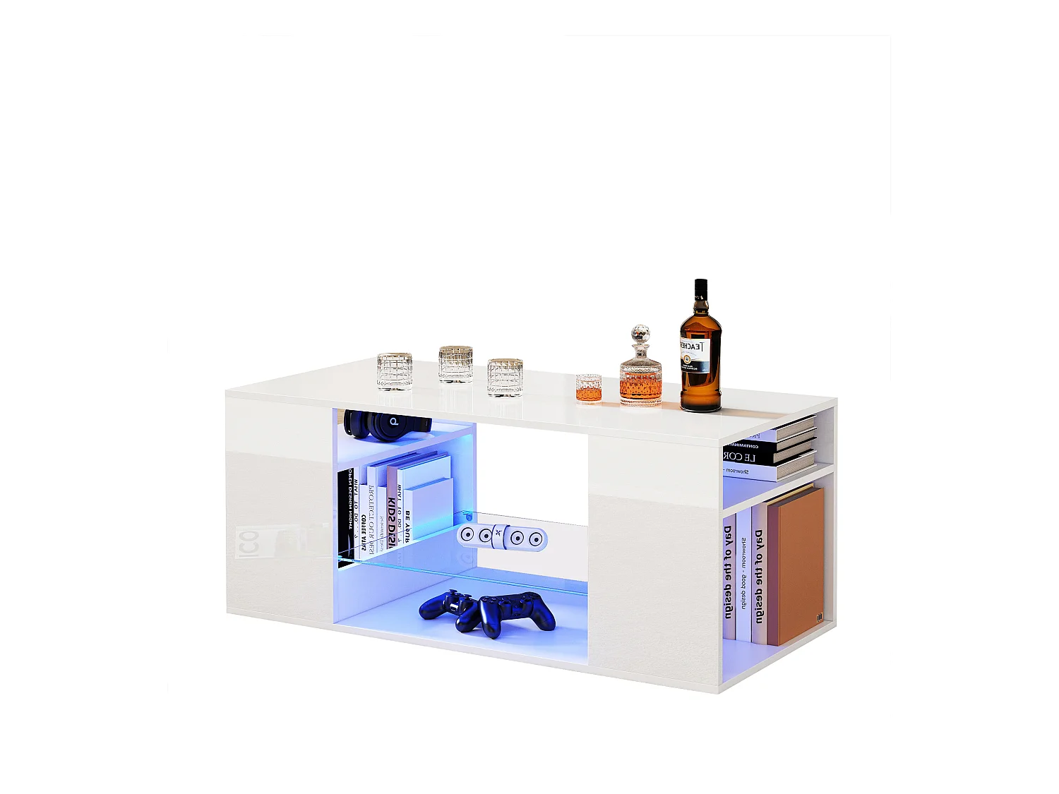 Salontafel 96x45x45 cm LED glazen opbergruimte wit moderne woonkamer