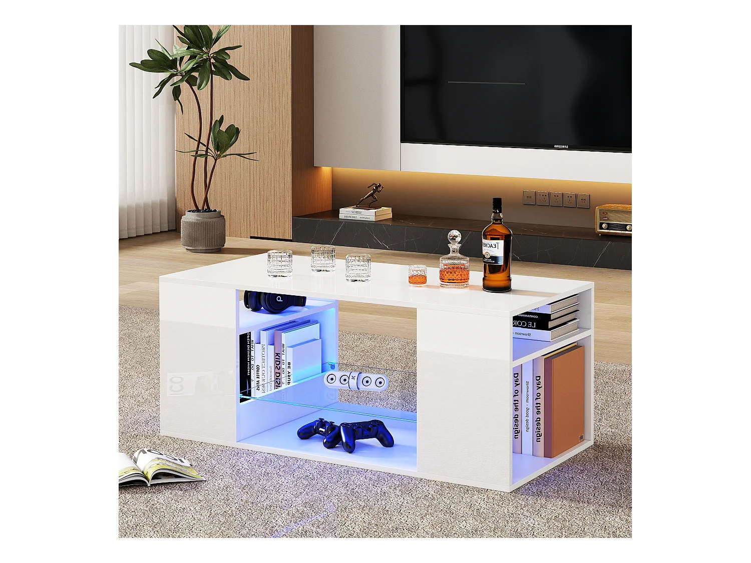 Salontafel 96x45x45 cm LED glazen opbergruimte wit moderne woonkamer