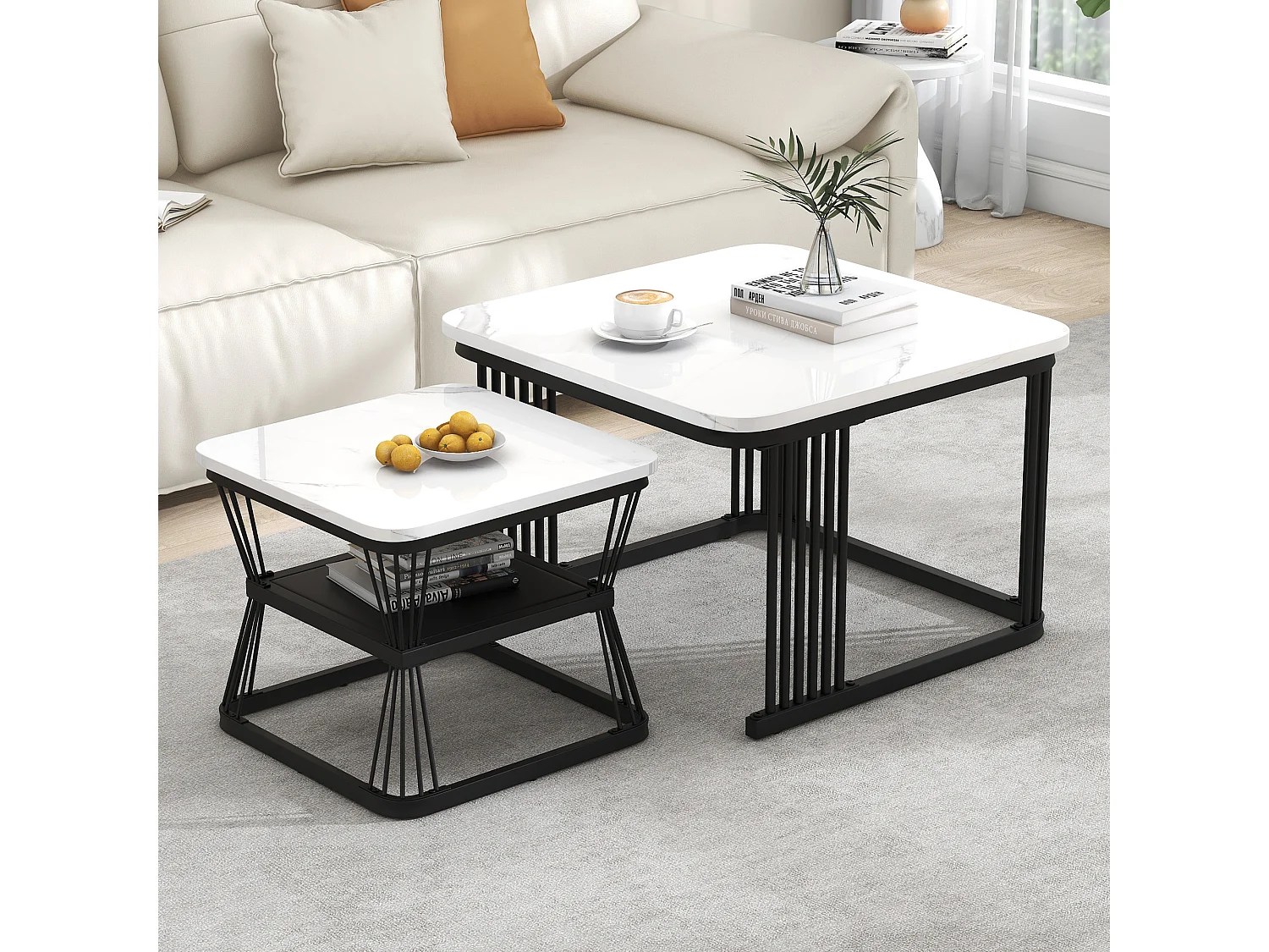 Salontafel 65x65x45cm + 45x45x39,5cm twee tafels met marmerstructuur gemaakt van wit MDF voor de woonkamer