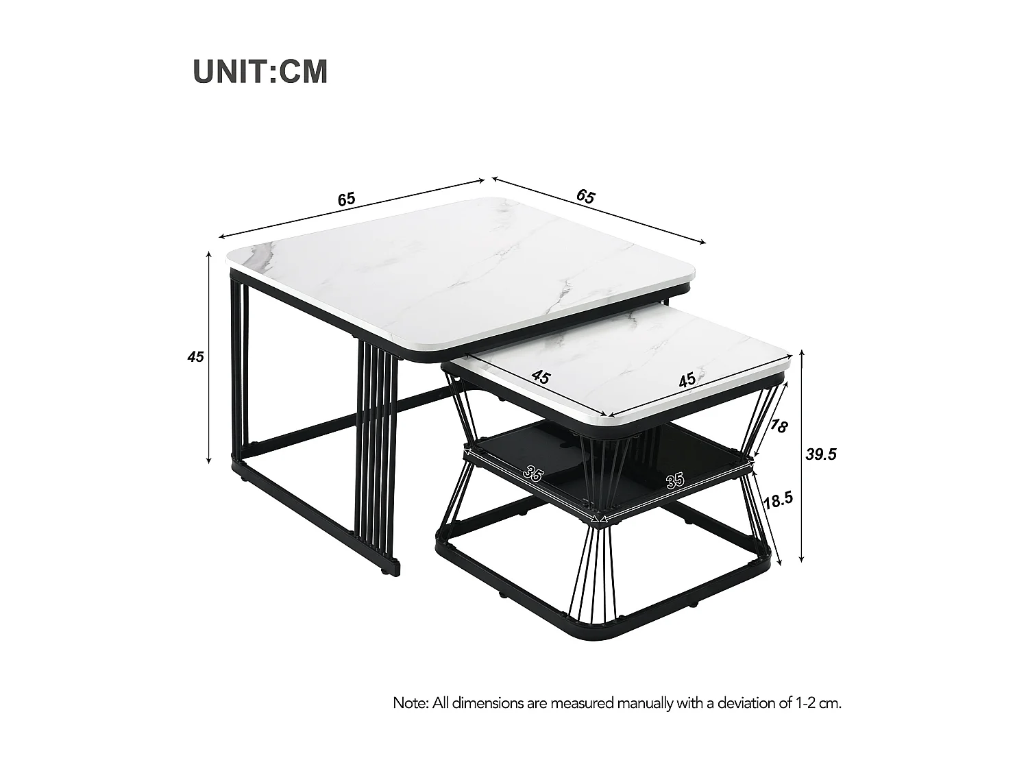 Set de 2 tables basses 65x65x45 cm et 45x45x39.5 cm, effet marbre brillant, pieds en acier noir, MDF blanc