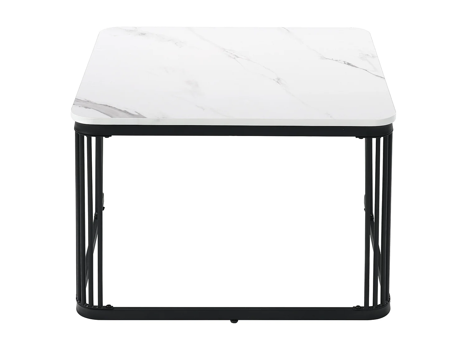 Set de 2 tables basses 65x65x45 cm et 45x45x39.5 cm, effet marbre brillant, pieds en acier noir, MDF blanc