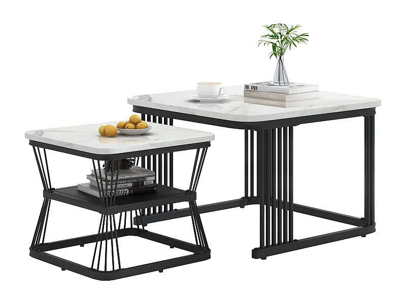 Set de 2 tables basses 65x65x45 cm et 45x45x39.5 cm, effet marbre brillant, pieds en acier noir, MDF blanc