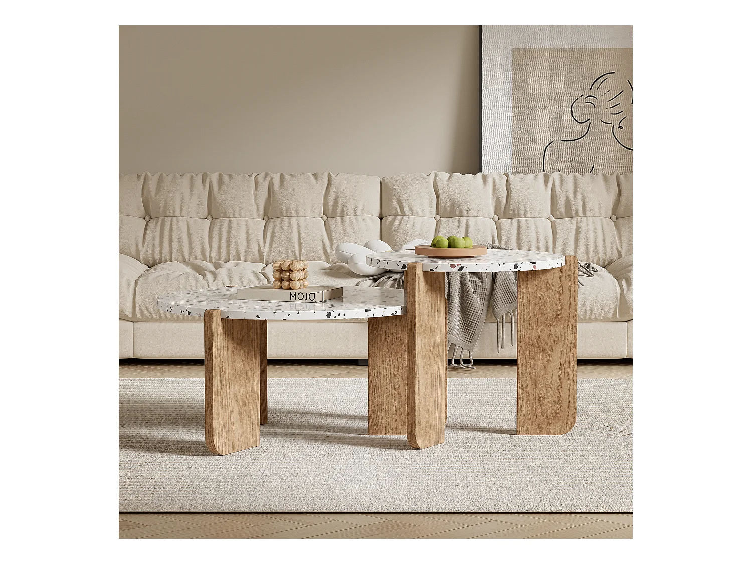 Set van 2 in elkaar passende salontafels 120x70x45,5 cm In elkaar passend design van grote en kleine tafels MDF Natuurlijke kleur en wit