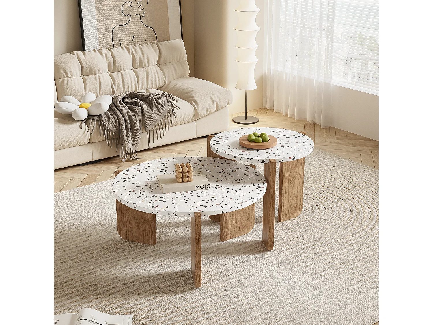 Lot de 2 tables basses gigognes 120x70x45.5 cm Conception imbriquée de grandes et petites tables MDF Couleur naturelle et blanc