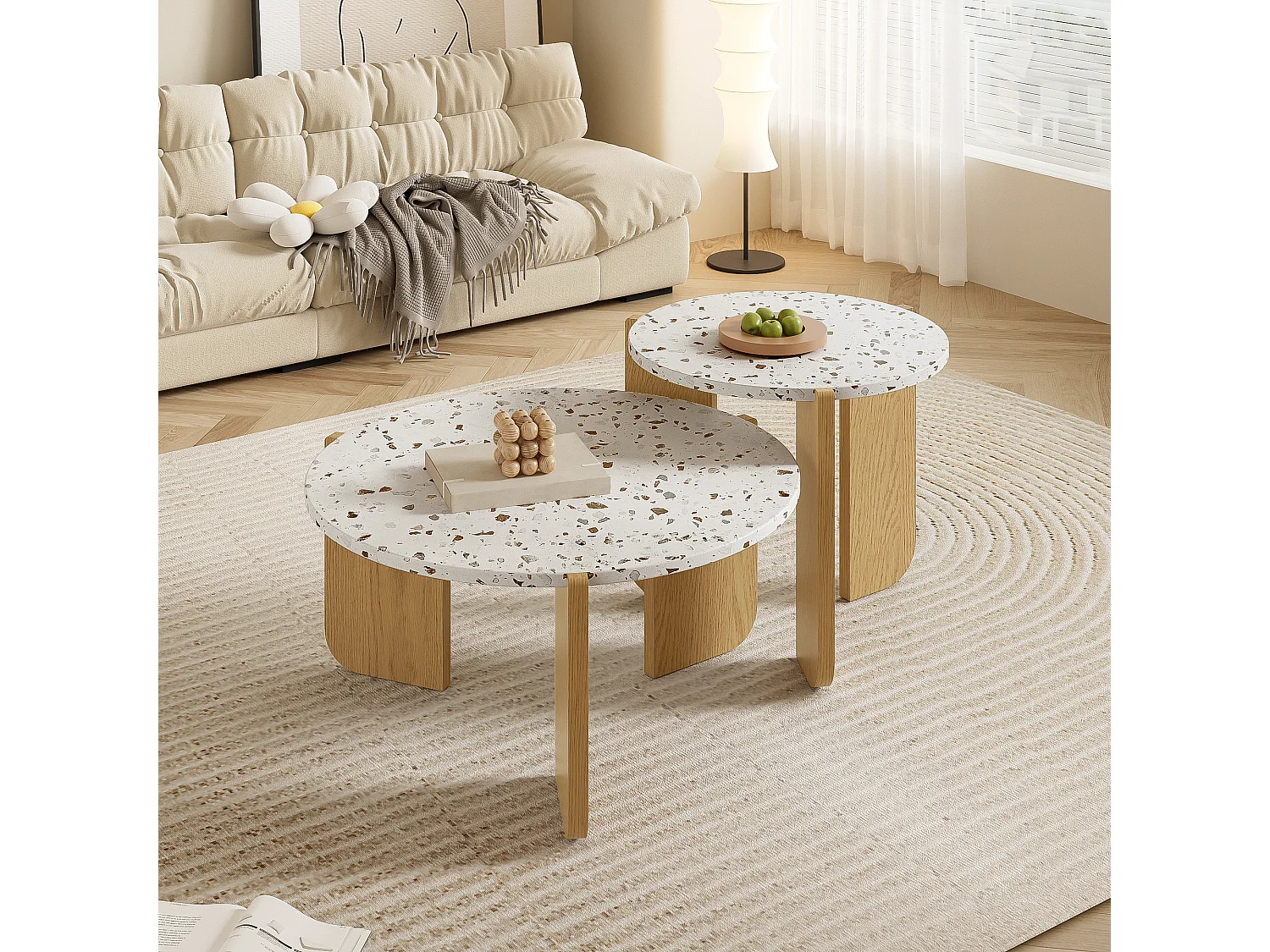 Set van 2 in elkaar passende salontafels 120x70x45,5 cm In elkaar passend design van grote en kleine tafels MDF Natuurlijke kleur en wit