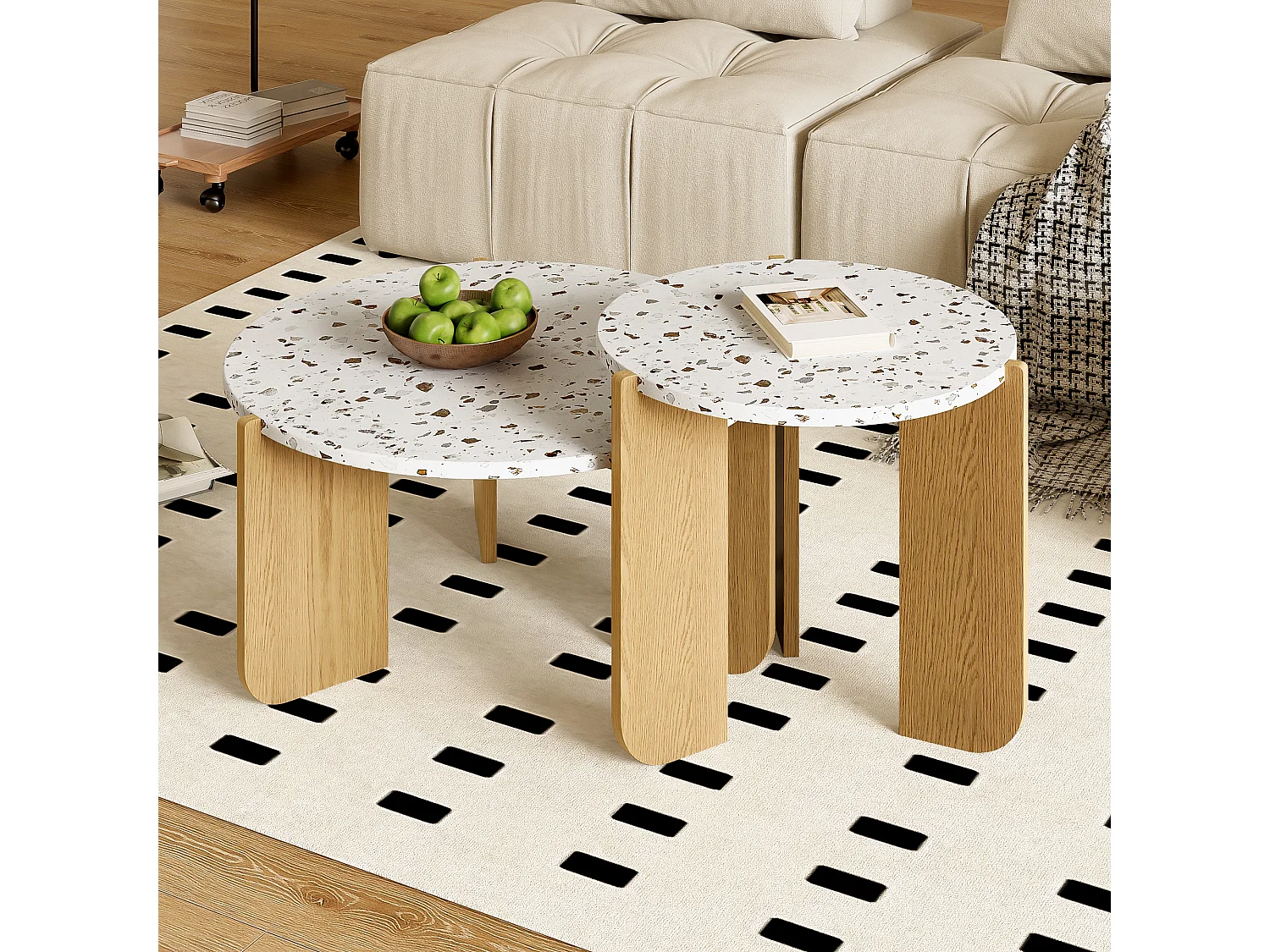 Set van 2 in elkaar passende salontafels 120x70x45,5 cm In elkaar passend design van grote en kleine tafels MDF Natuurlijke kleur en wit