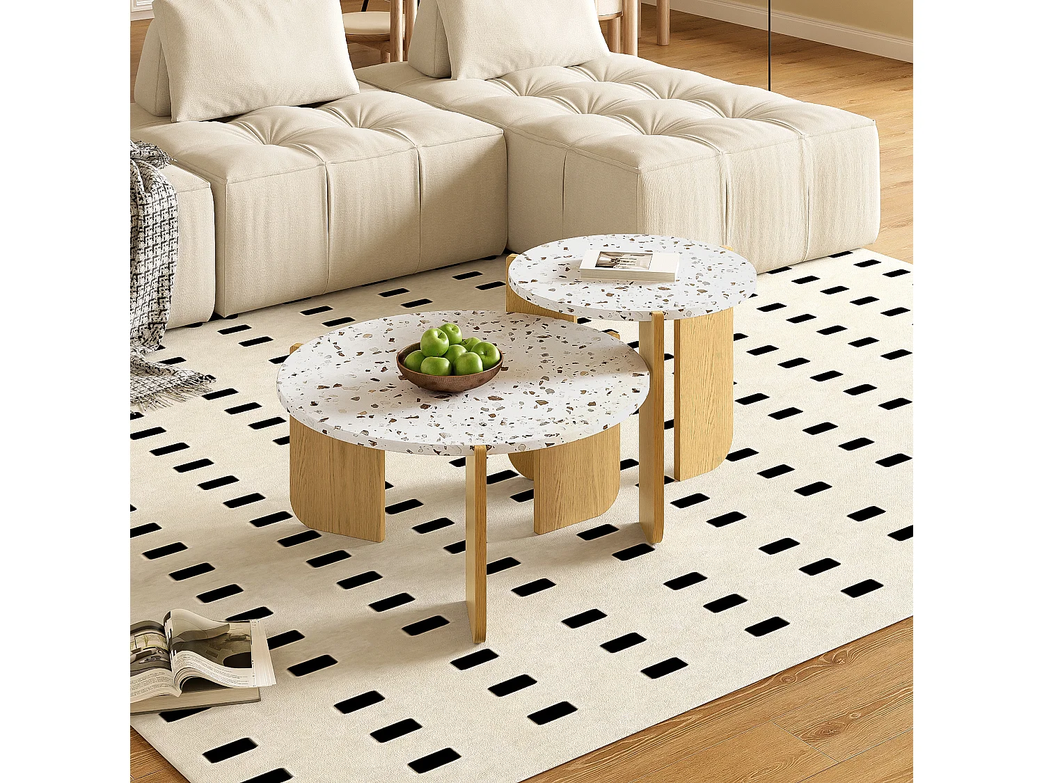 Set van 2 in elkaar passende salontafels 120x70x45,5 cm In elkaar passend design van grote en kleine tafels MDF Natuurlijke kleur en wit