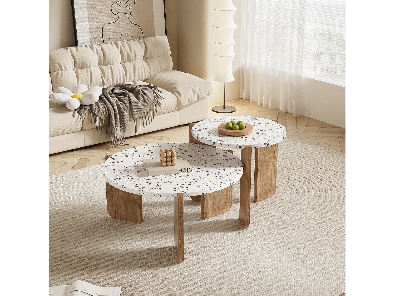 Lot de 2 tables basses gigognes 120x70x45.5 cm Conception imbriquée de grandes et petites tables MDF Couleur naturelle et blanc