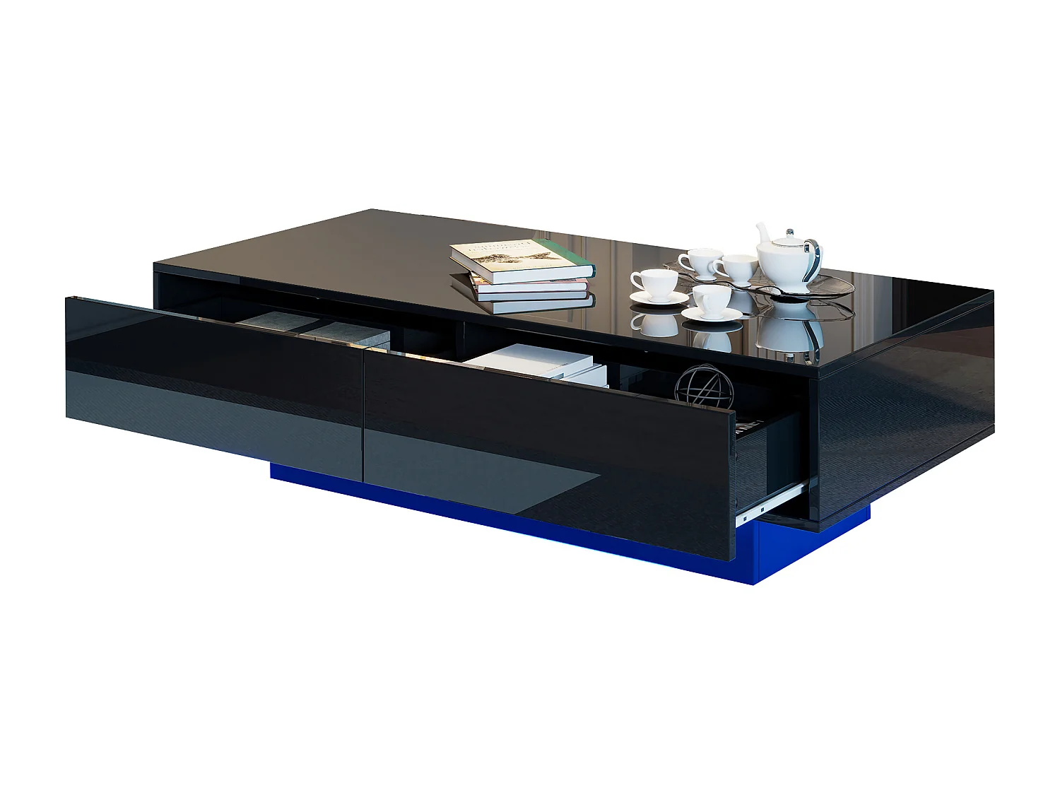 Table basse LED 115x55x34 cm verre brillant 2 tiroirs noir salon design