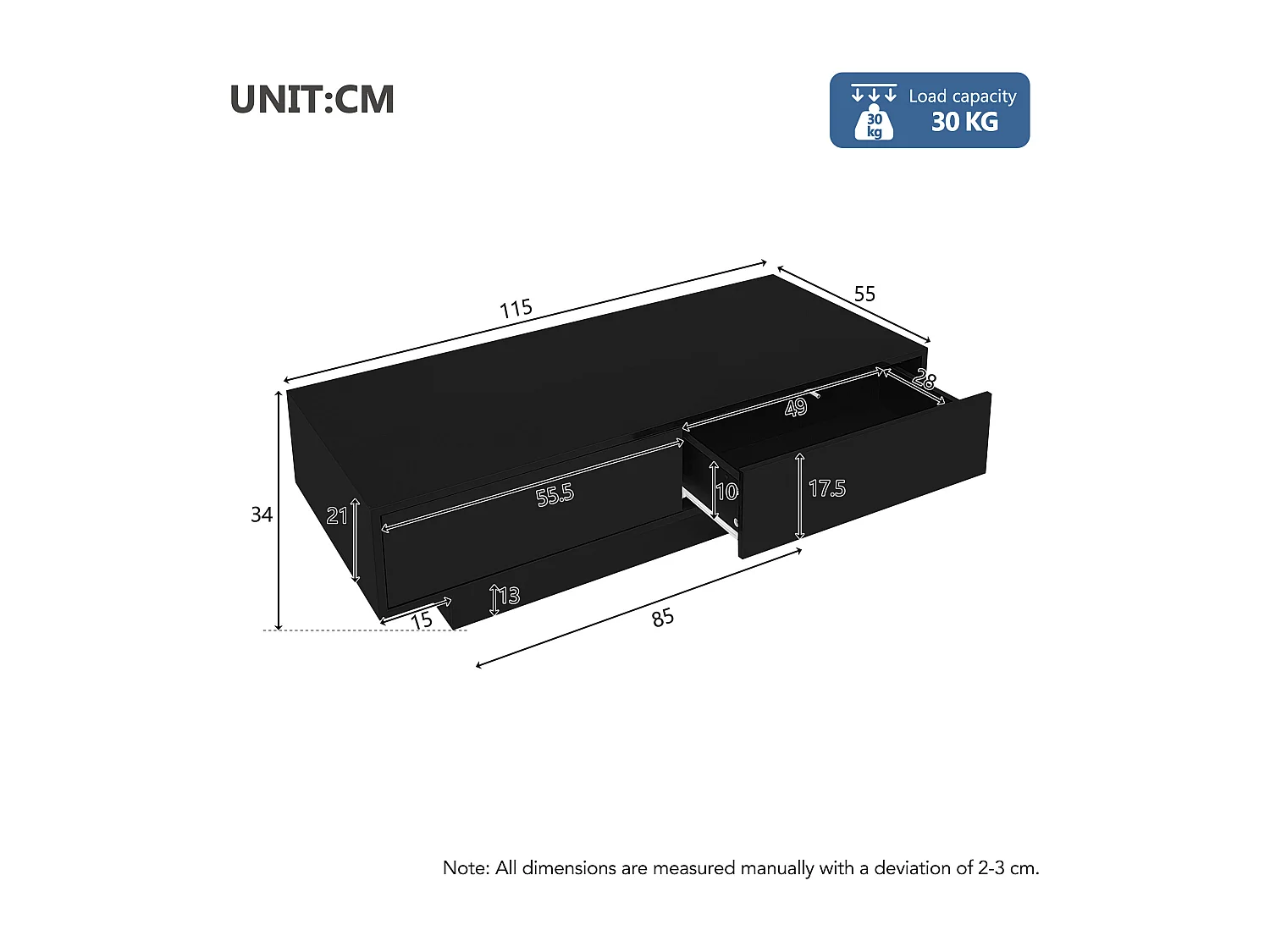 Table basse LED 115x55x34 cm verre brillant 2 tiroirs noir salon design