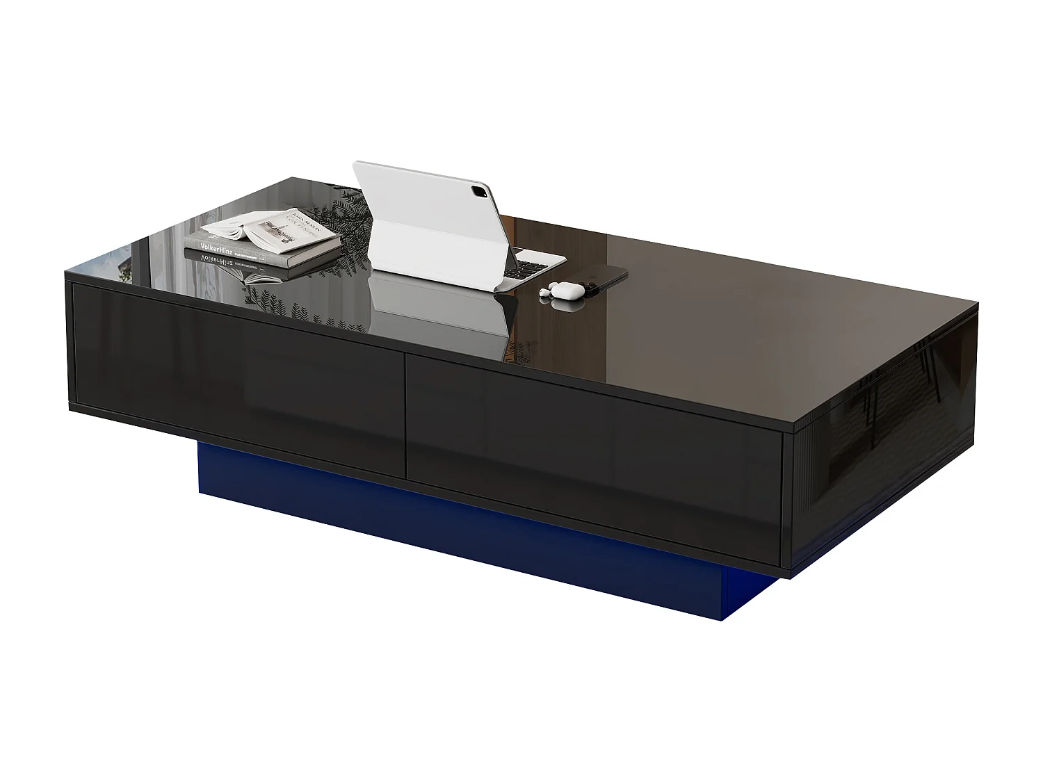 Table basse LED 115x55x34 cm verre brillant 2 tiroirs noir salon design