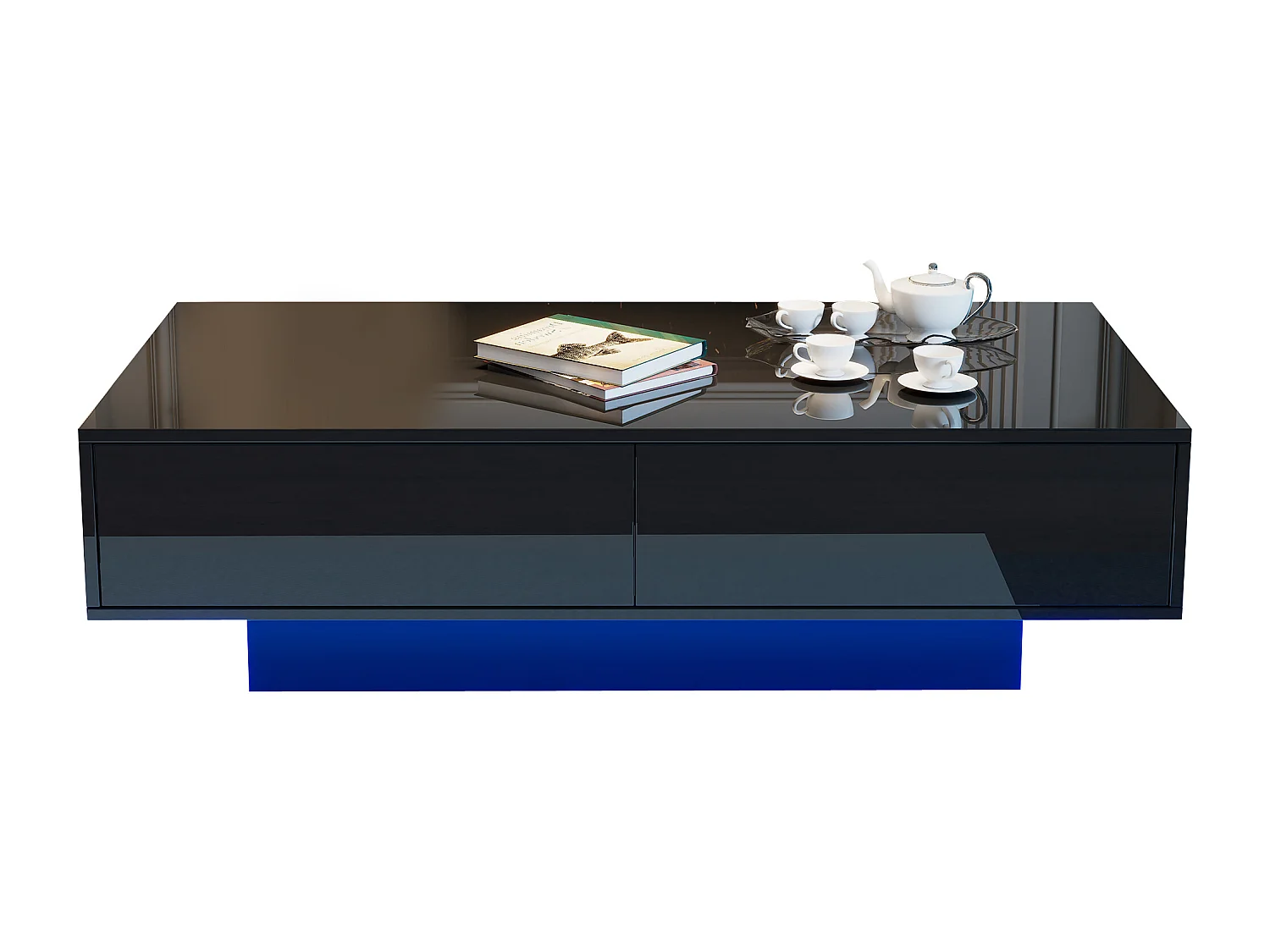 Table basse LED 115x55x34 cm verre brillant 2 tiroirs noir salon design