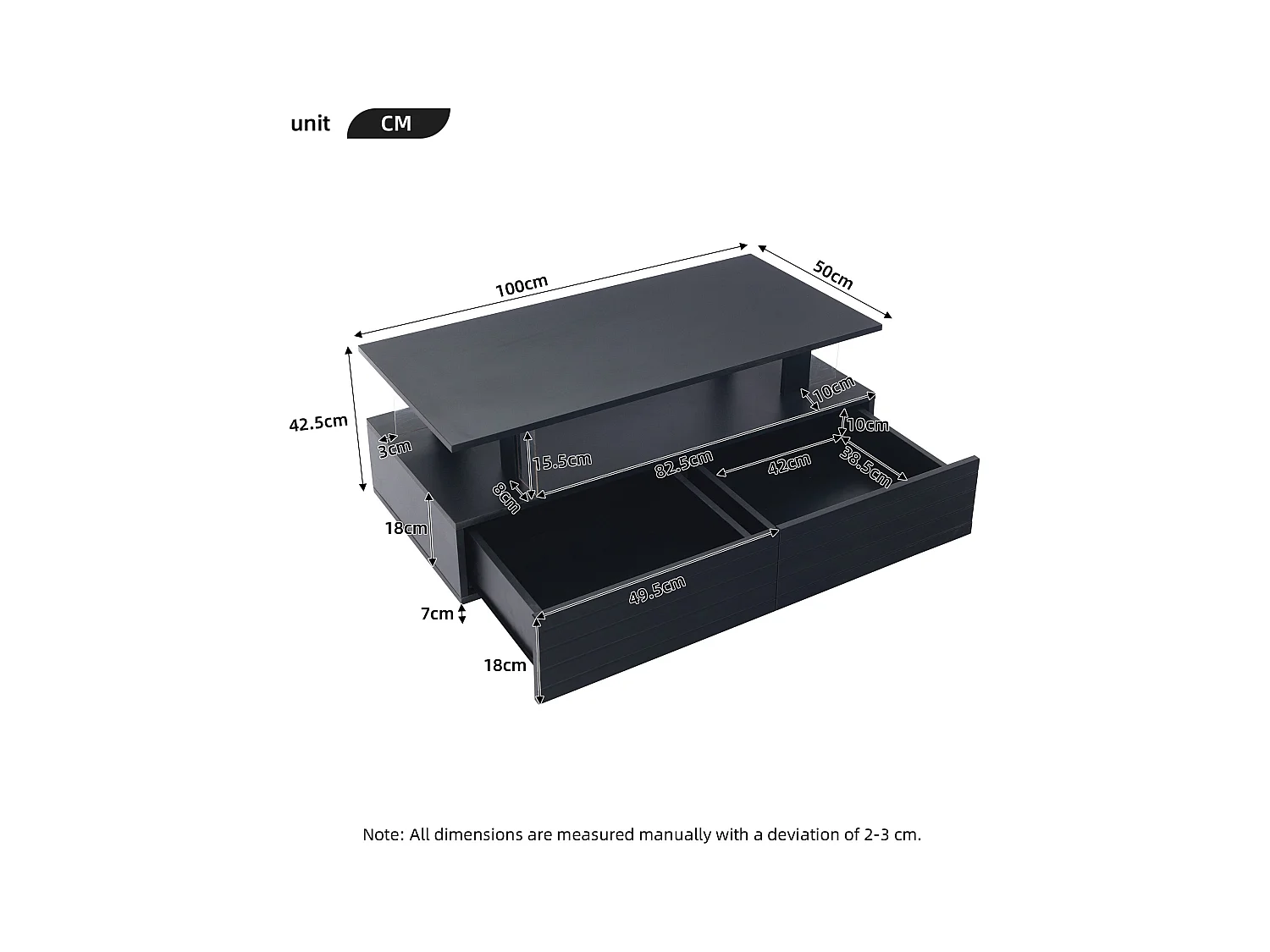 Table basse LED acrylique à double plateau avec rangement et commande noir