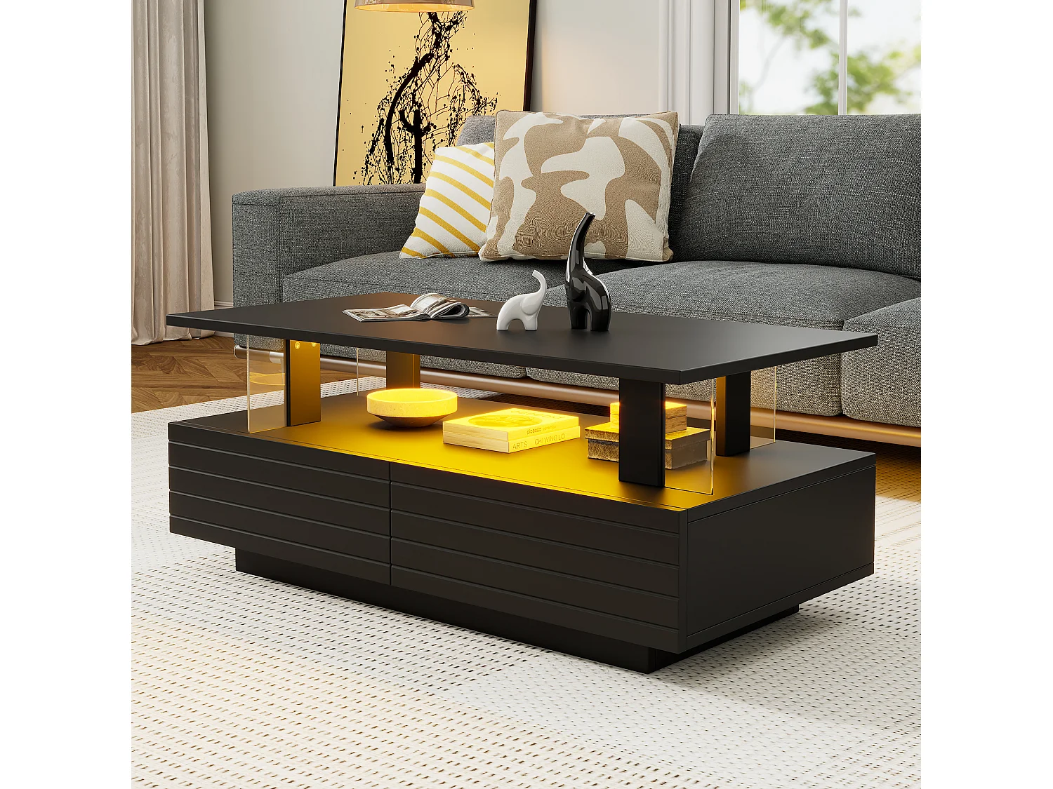Table basse LED acrylique à double plateau avec rangement et commande noir