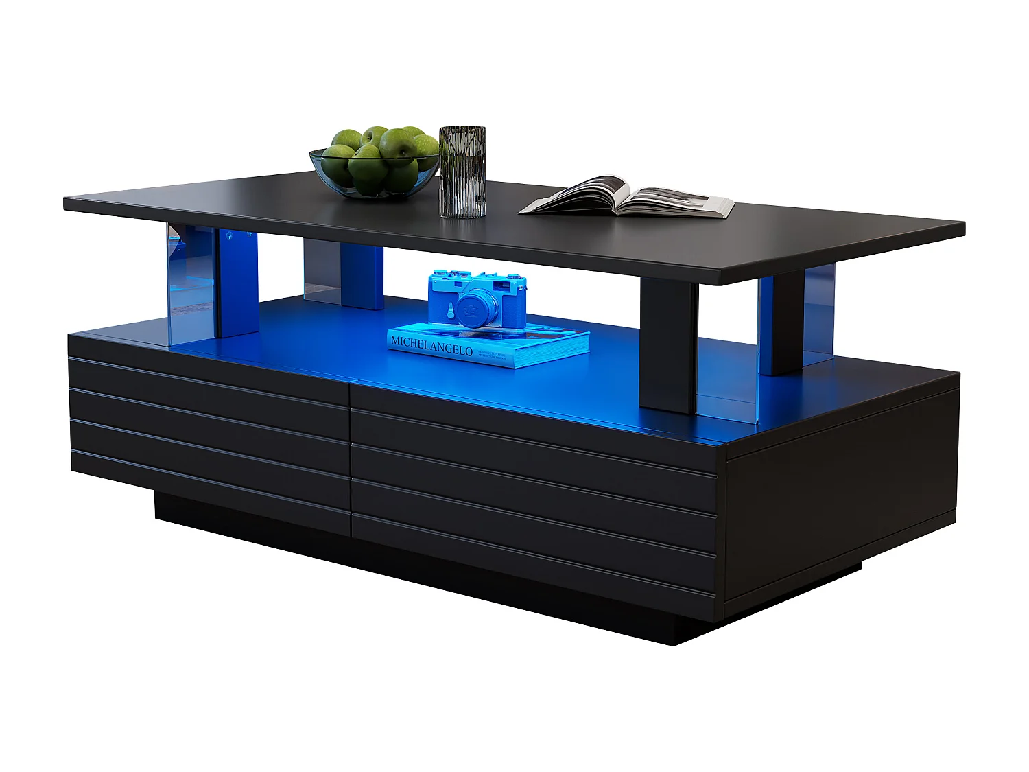 Table basse LED acrylique à double plateau avec rangement et commande noir