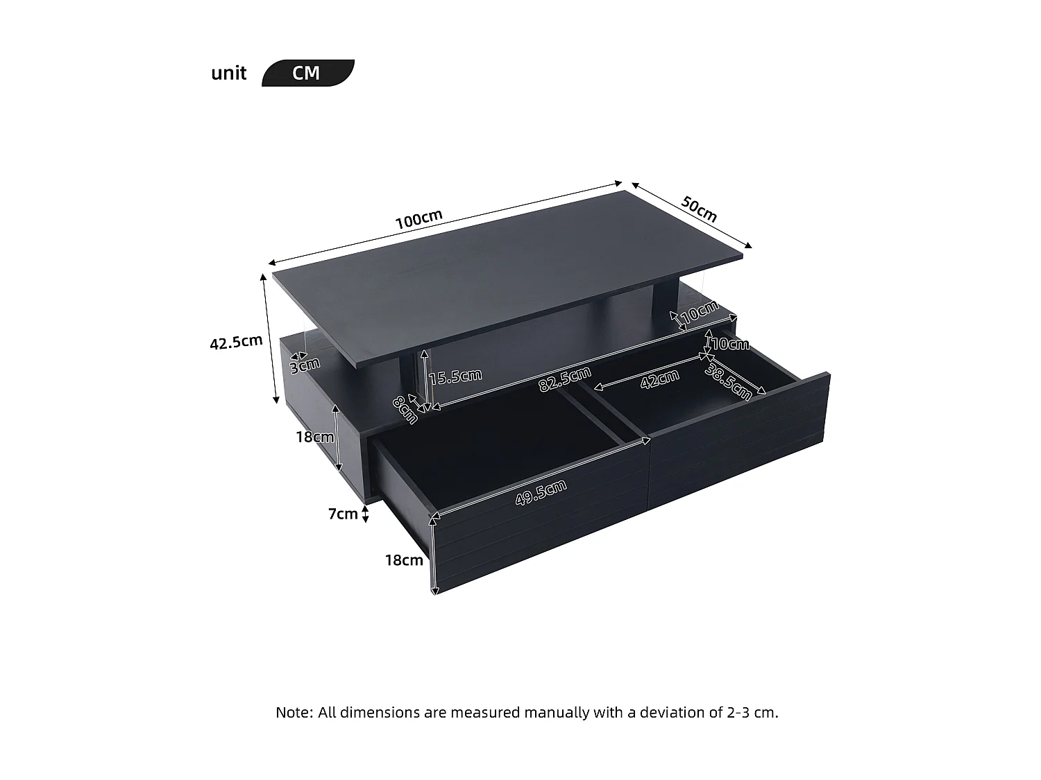 Table basse LED acrylique à double plateau avec rangement et commande noir