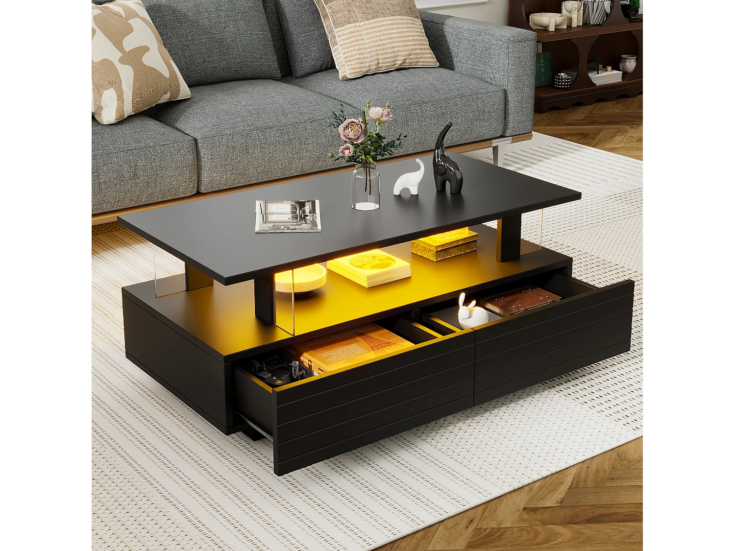 Table basse LED acrylique à double plateau avec rangement et commande noir