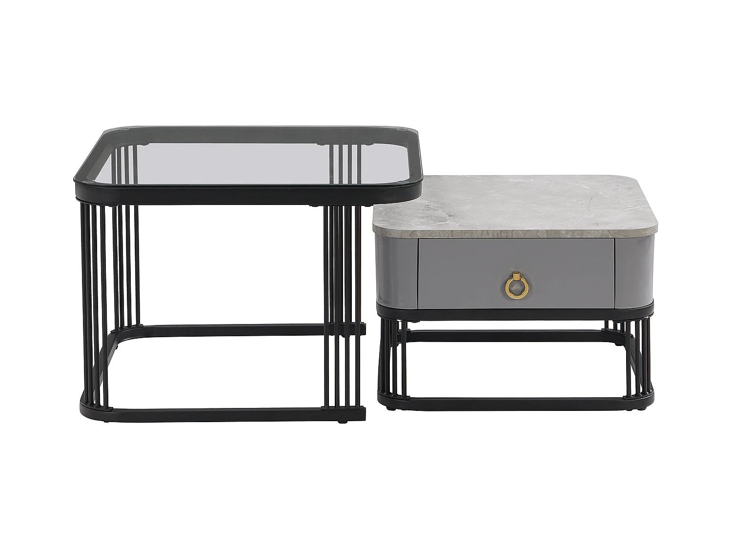 Set van 2 salontafels 60x60x42 cm met grote en kleine tafeltjes en lades MDF materiaal in zwart voor woonkamer