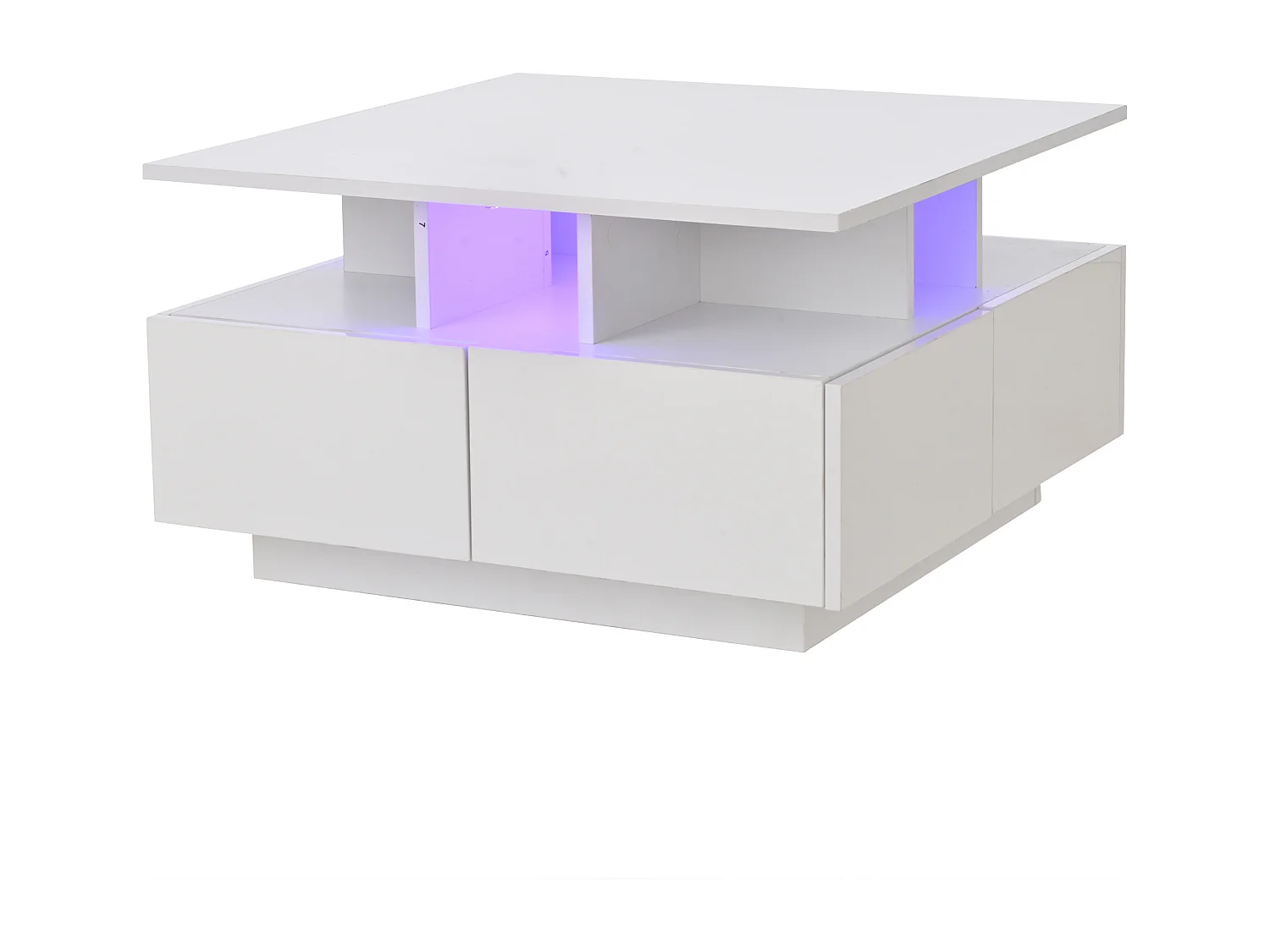 Table basse 70x70x40cm cube moderne rangement 3 niveaux, fonction LED ajustable, panneau de particules, salon, blanc