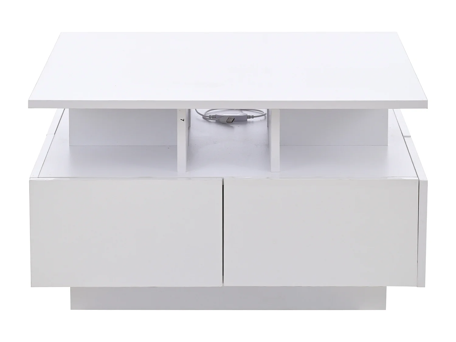 Table basse 70x70x40cm cube moderne rangement 3 niveaux, fonction LED ajustable, panneau de particules, salon, blanc