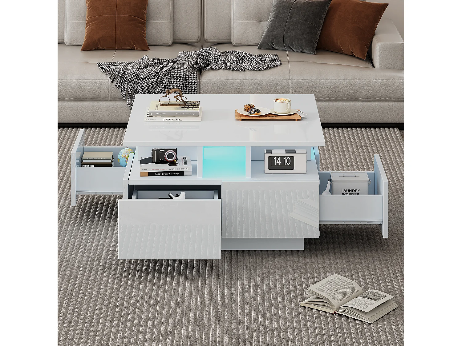Table basse 70x70x40cm cube moderne rangement 3 niveaux, fonction LED ajustable, panneau de particules, salon, blanc