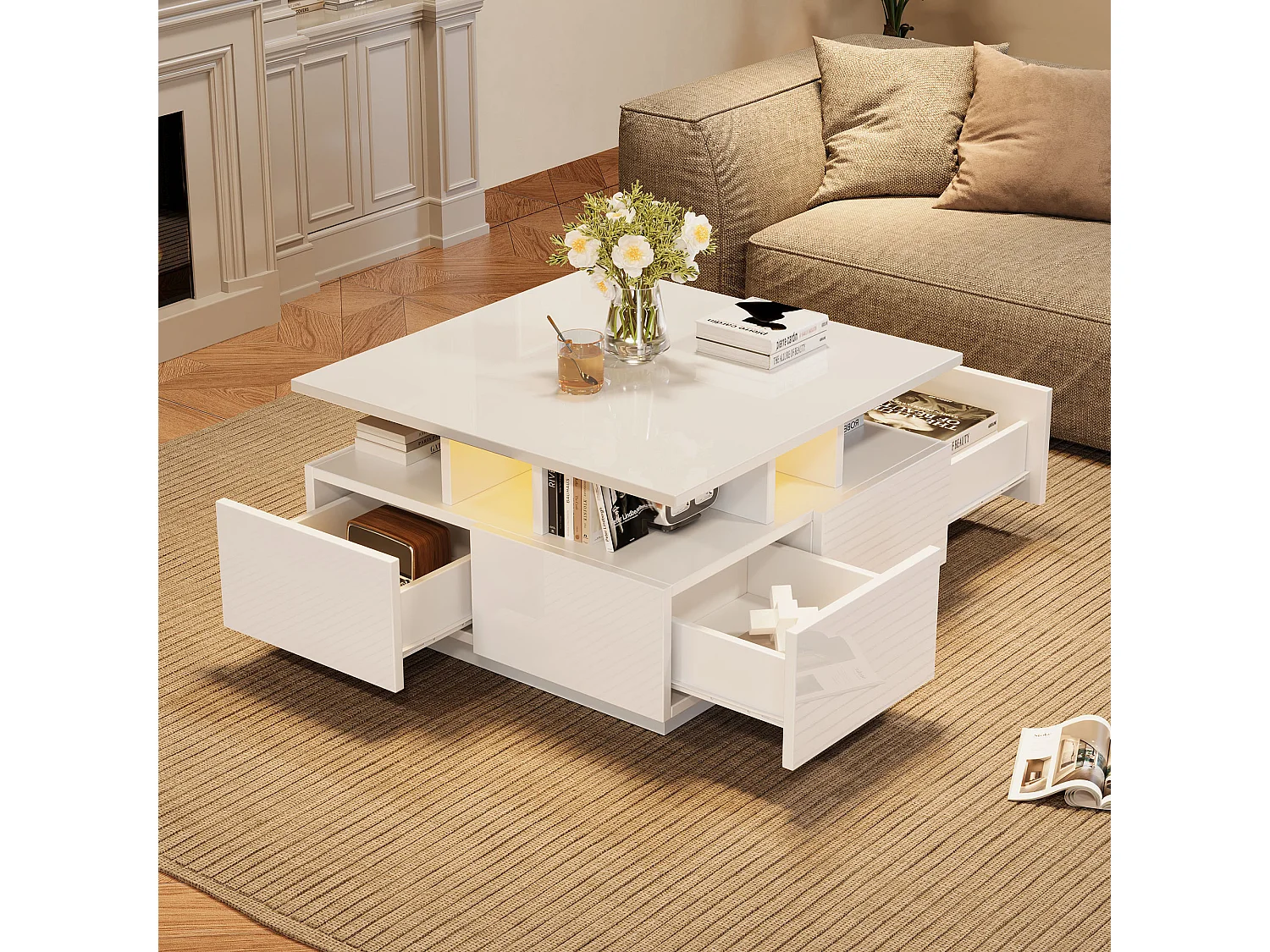 Table basse 70x70x40cm cube moderne rangement 3 niveaux, fonction LED ajustable, panneau de particules, salon, blanc