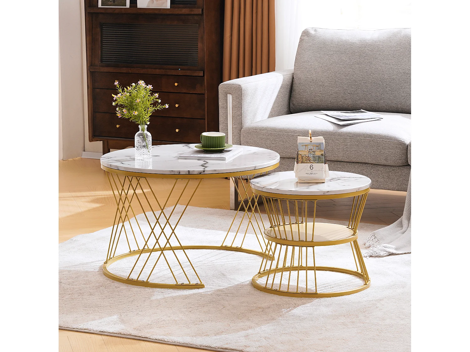 Table basse 70x70x47cm 45x45x40cm Table ronde gigogne style moderne MDF piètement doré pour salon blanc