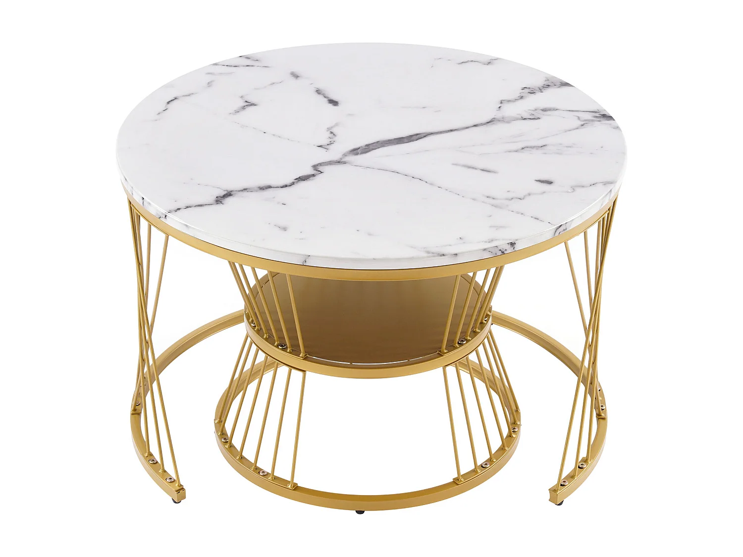 Table basse 70x70x47cm 45x45x40cm Table ronde gigogne style moderne MDF piètement doré pour salon blanc