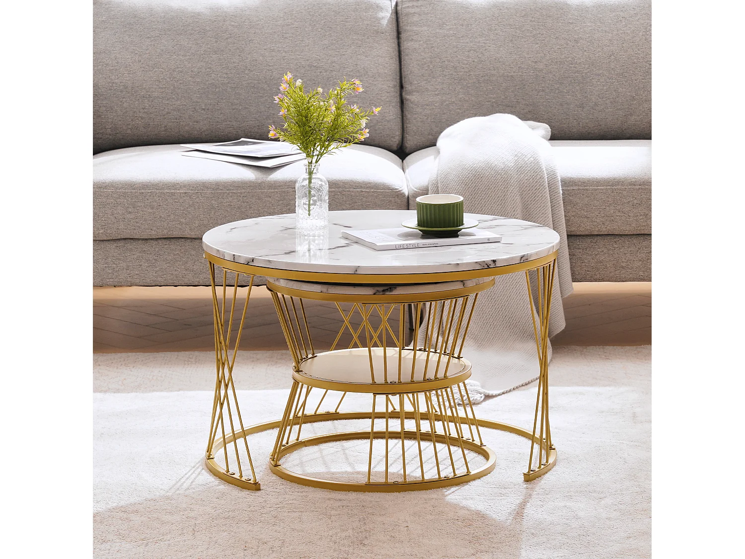 Table basse 70x70x47cm 45x45x40cm Table ronde gigogne style moderne MDF piètement doré pour salon blanc