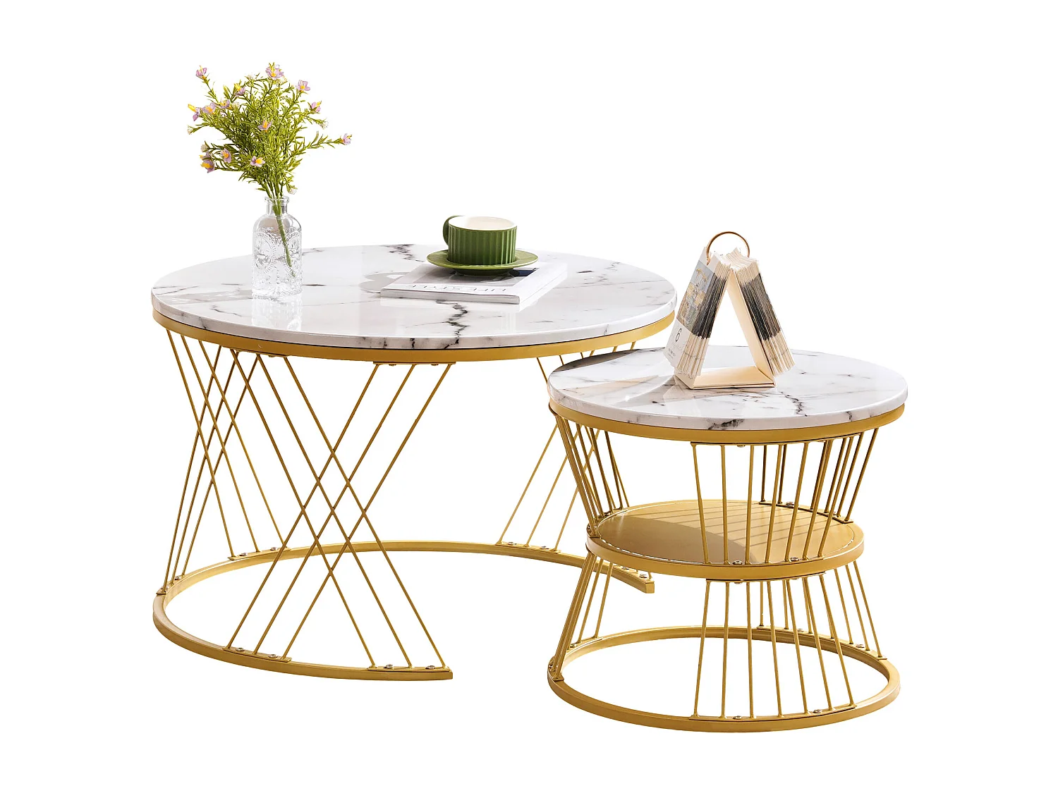 Lot de 2 tables basses gigognes 70x70x47 cm et 45x45x40 cm, gain de place, pieds réglables, MDF blanc