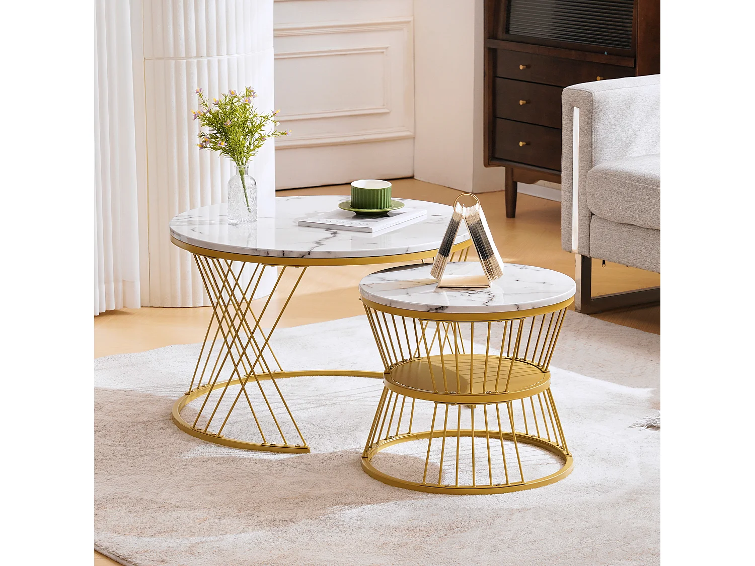 Lot de 2 tables basses gigognes 70x70x47 cm et 45x45x40 cm, gain de place, pieds réglables, MDF blanc