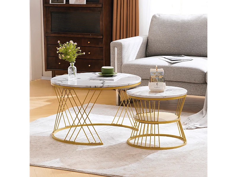 Table basse 70x70x47cm 45x45x40cm Table ronde gigogne style moderne MDF piètement doré pour salon blanc