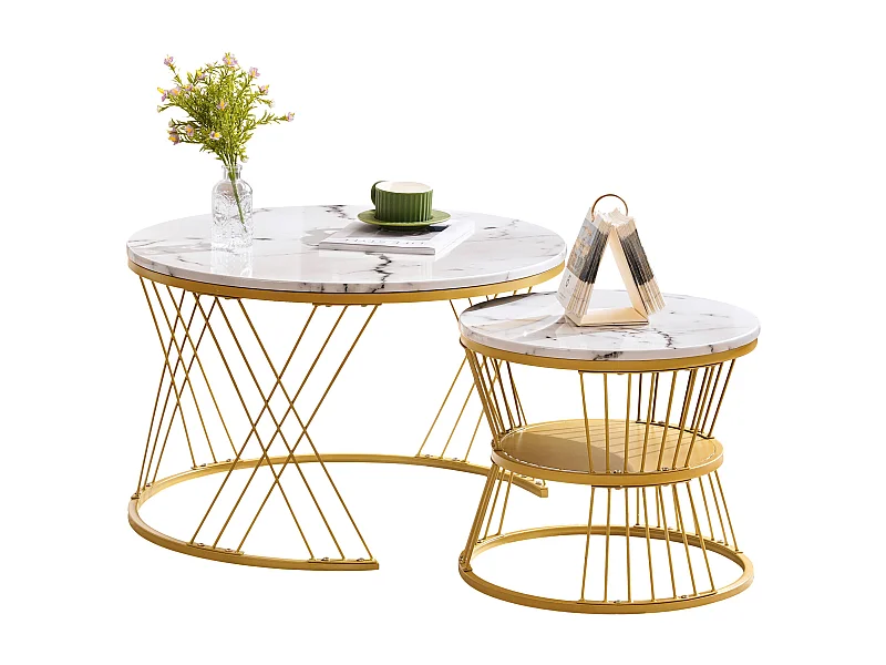 Lot de 2 tables basses gigognes 70x70x47 cm et 45x45x40 cm, gain de place, pieds réglables, MDF blanc