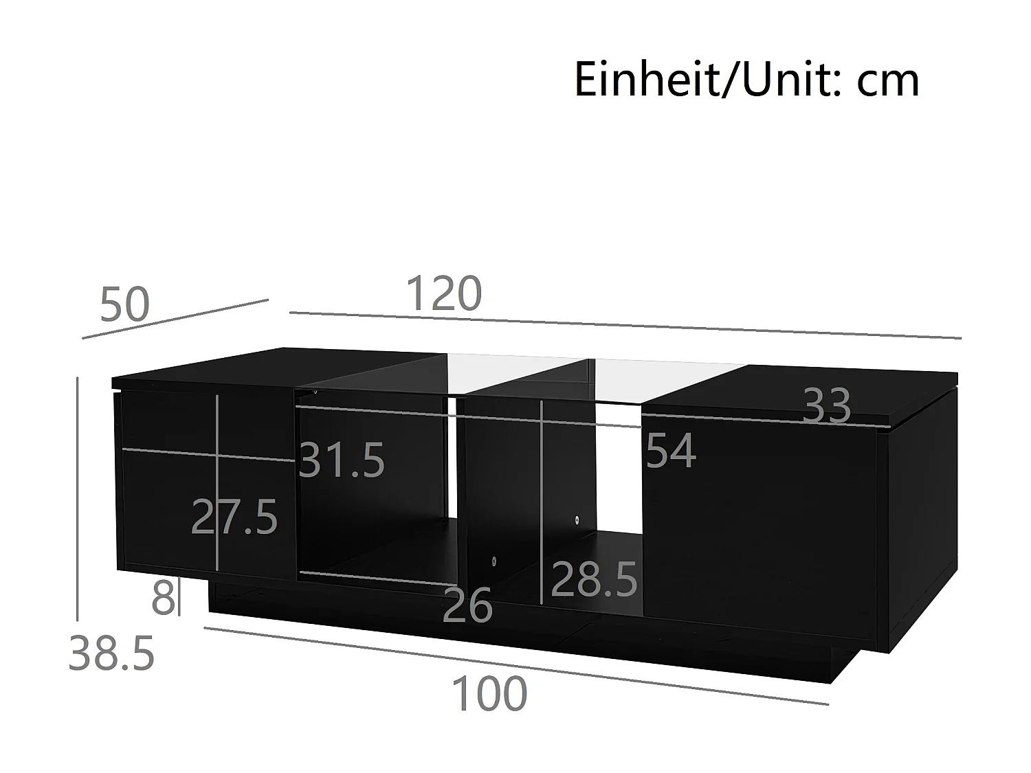 Table basse 120x50x38.5cm Avec éclairage LED Plateau brillant Avec portes Matériel Panneau de particules Noir pour salon