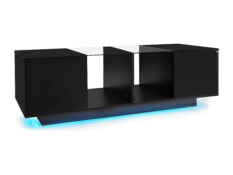Table basse 120x50x38.5 cm, bande LED 16 couleurs, rangements avec 2 portes, MDF panneau de particules verre, noir