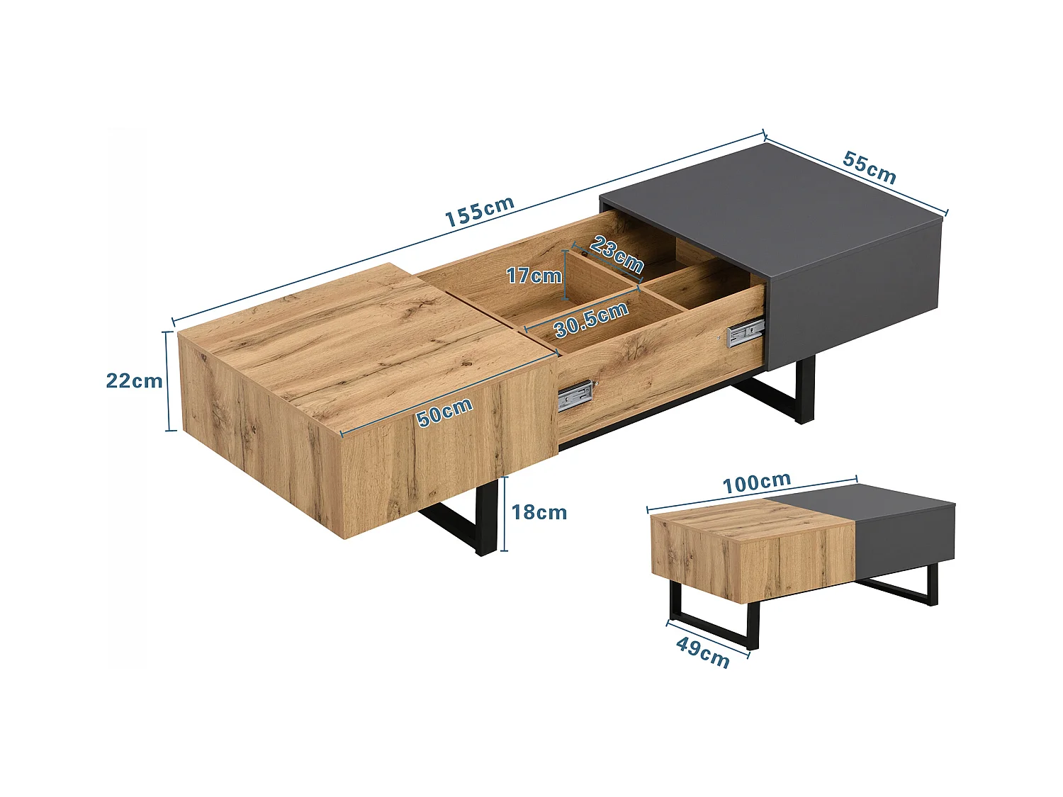 Table basse 100x55x42 cm avec plusieurs compartiments de rangement panneaux de particules en Couleur naturelle pour salon