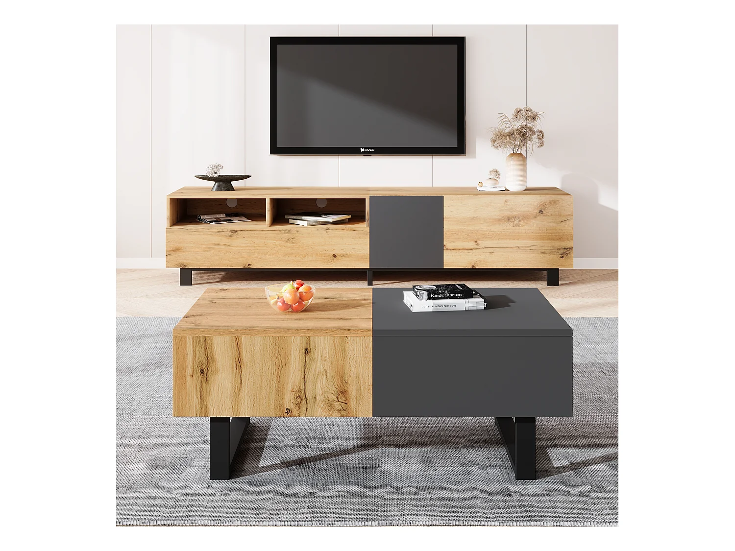 Table basse 100x55x42 cm avec plusieurs compartiments de rangement panneaux de particules en Couleur naturelle pour salon