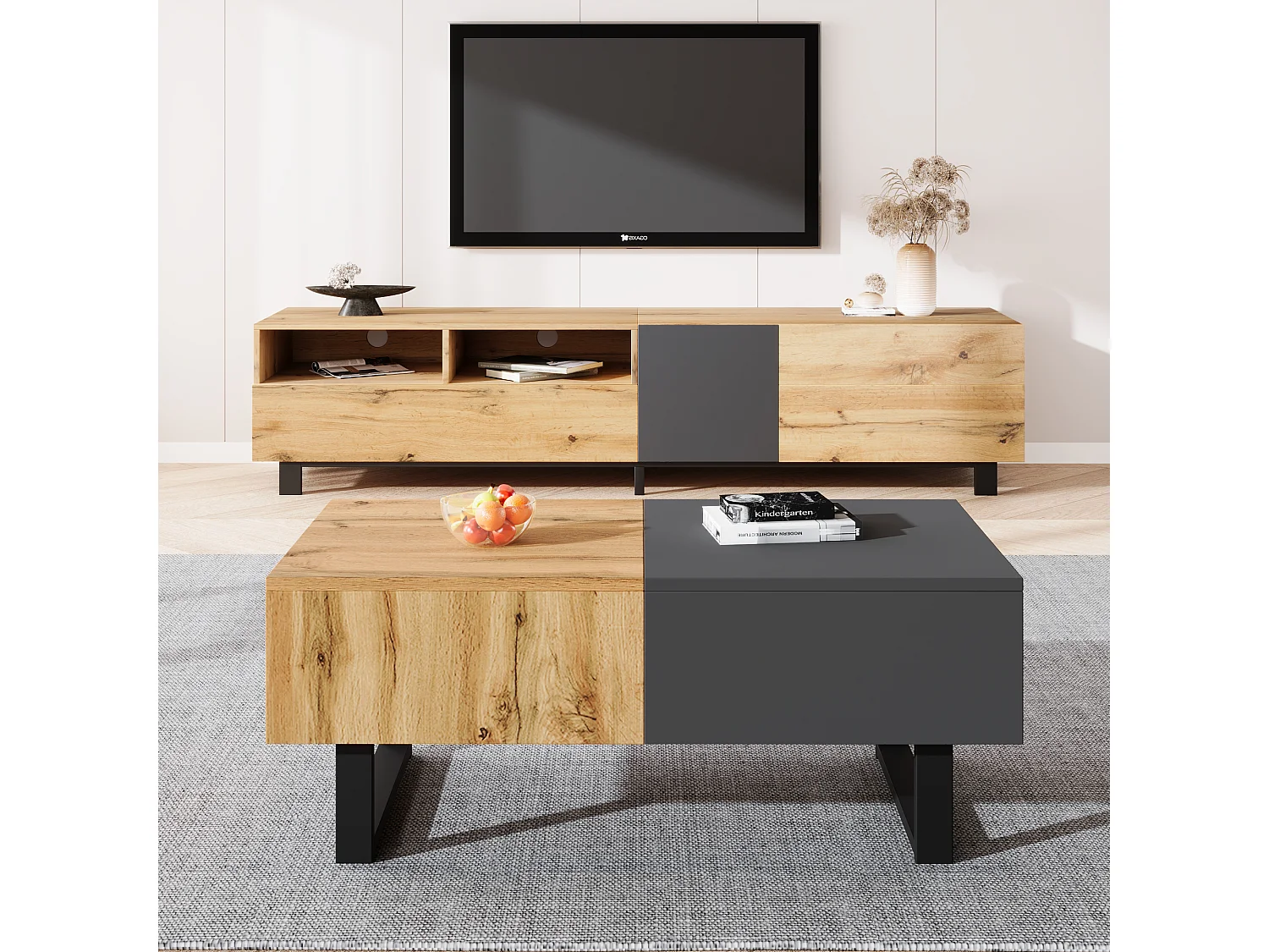 Table basse 100x40x55 cm, plateau coulissant avec rangements, compartiments multiples, panneau de particules, naturel