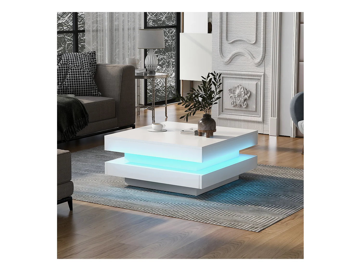 Table basse 70x70x36 cm LED 16 couleurs moderne Blanc pour salon bureau