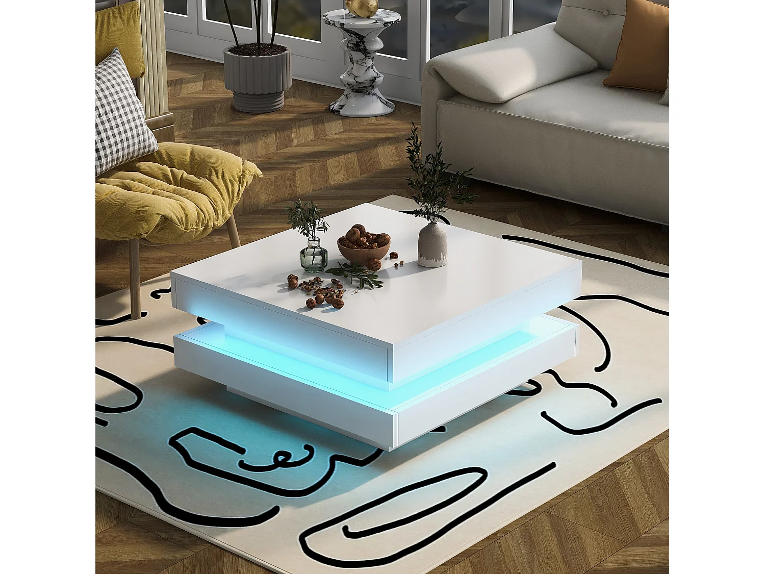 Table basse 70x70x36 cm LED 16 couleurs moderne Blanc pour salon bureau