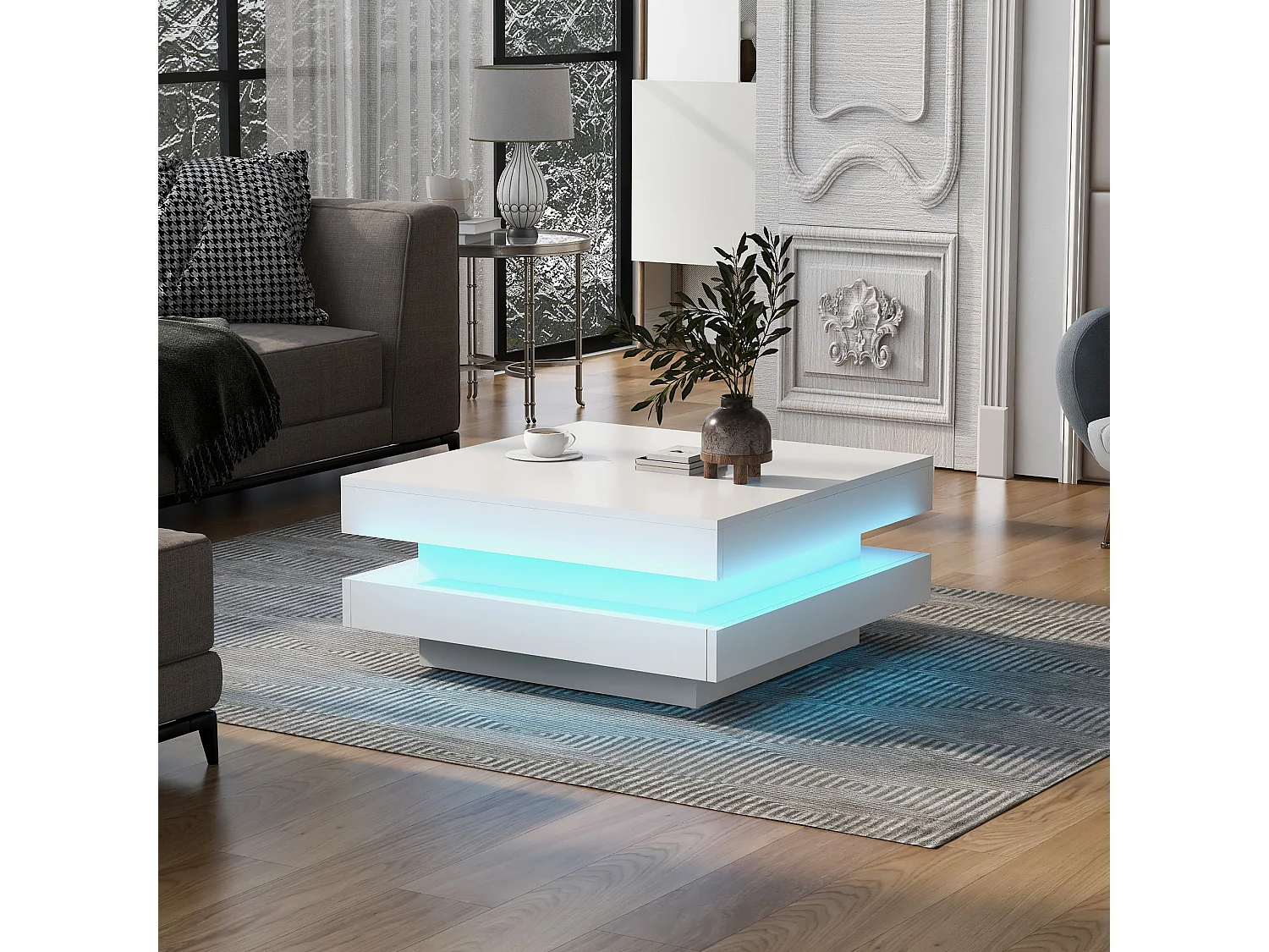 Table basse carrée 70x70x36 cm, éclairage LED Bluetooth via application, alimentation USB, panneau de particules, blanc