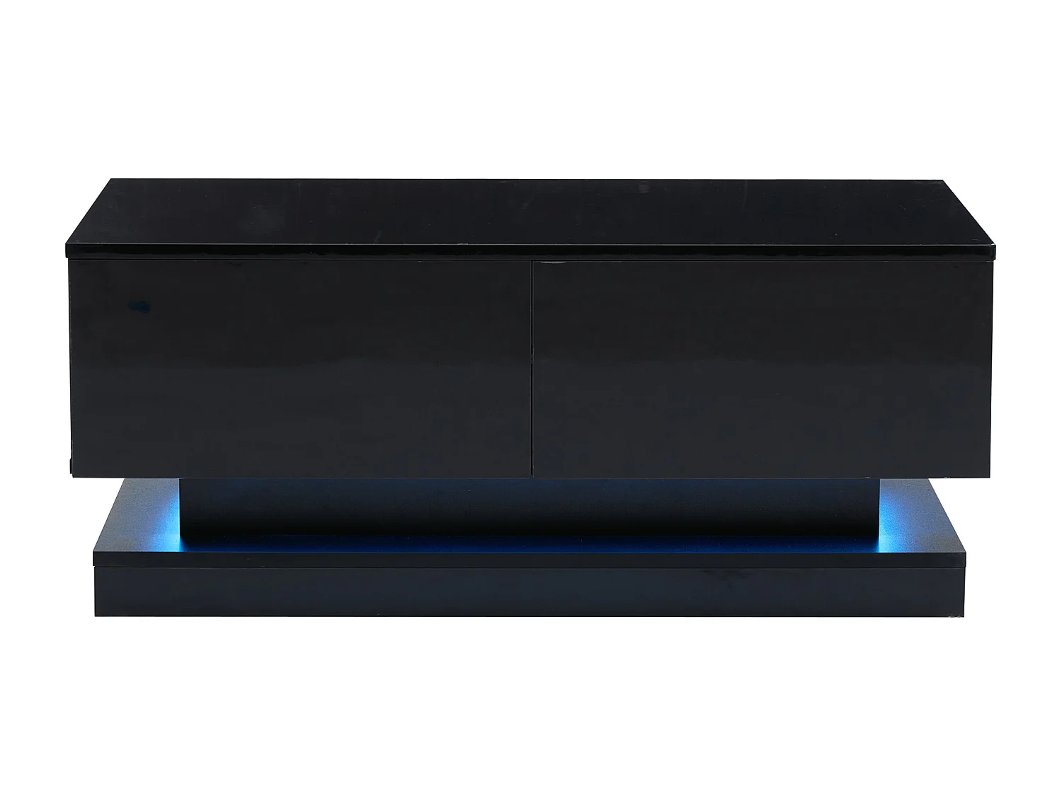 Table basse 90x50x38 cm, 2 tiroirs, éclairage LED contrôlé par application mobile, panneau de particules, noir