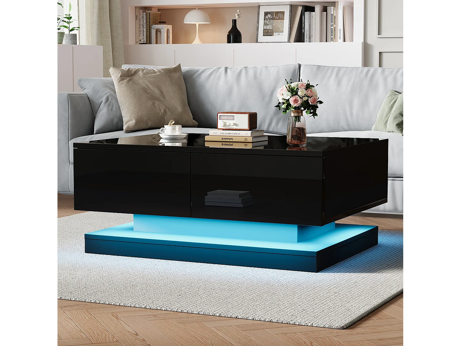 Table basse 90x50x38 cm, 2 tiroirs, éclairage LED contrôlé par application mobile, panneau de particules, noir